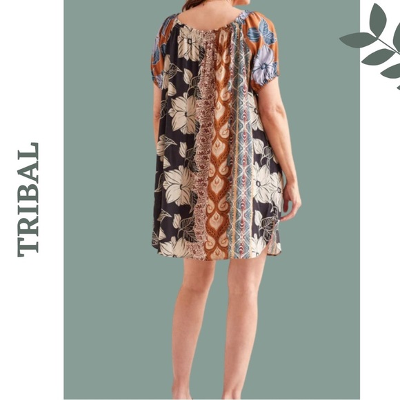 Tribal Dress With Bubble Sleeves Swimsuit Cover Up Black Brown Blue - Picture 3 of 8